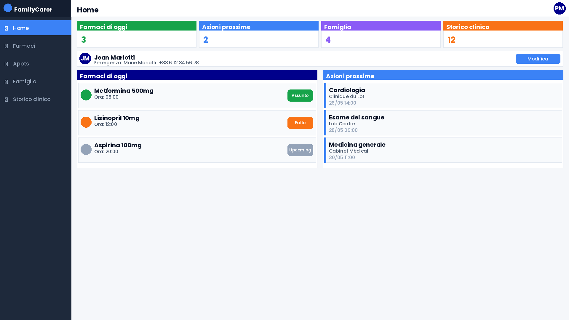 FamilyCarer Pro su Windows — cruscotto